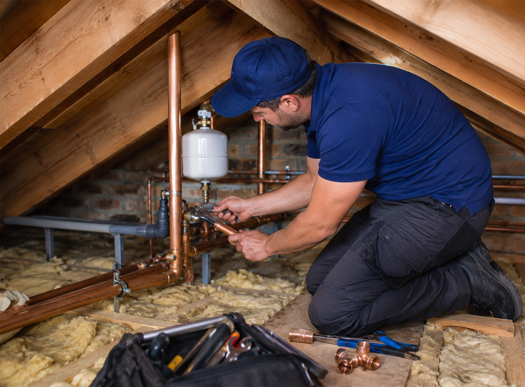 A plumber working on a heating system in an attic in Ashbourne, Co. Meath